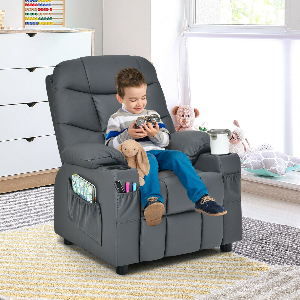 Kids Recliner Chair with Cup Holder and Footrest for Children-Blue