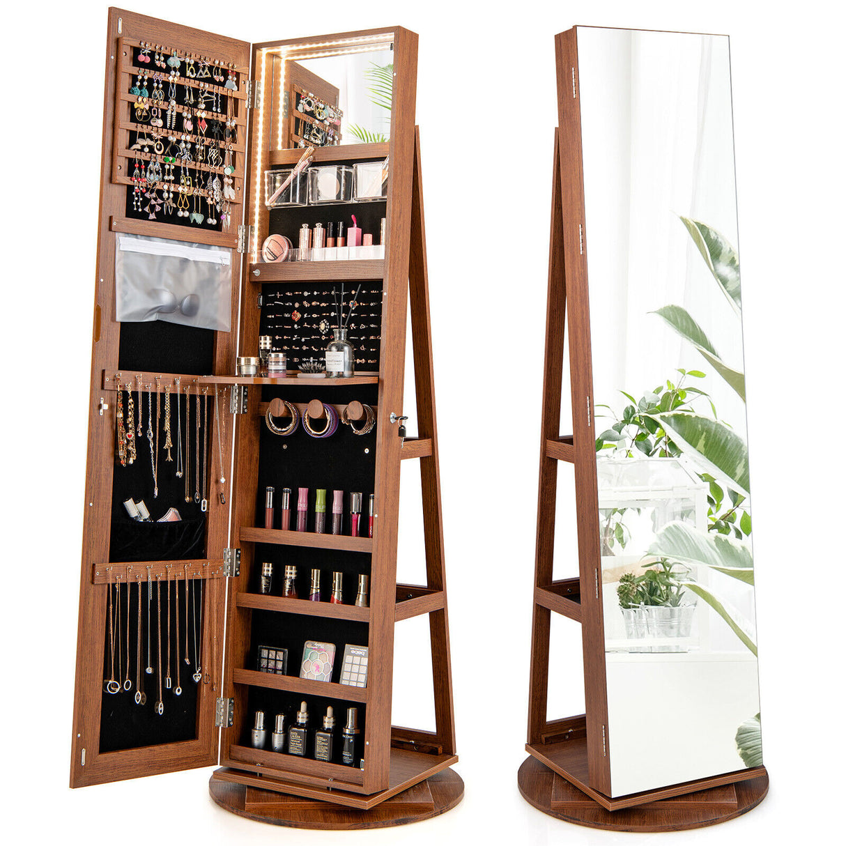 360 ° Rotating Mirrored Jewelry Cabinet Armoire 3 Color LED Modes Lockable-White