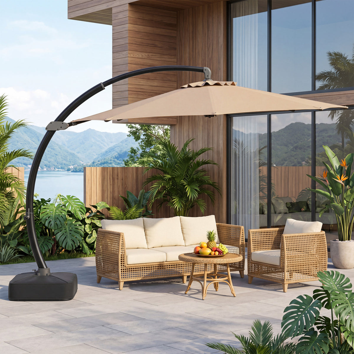 11 FT Cantilever Patio Umbrella with Base with 360° Rotation and Tilt Adjustment-Brown