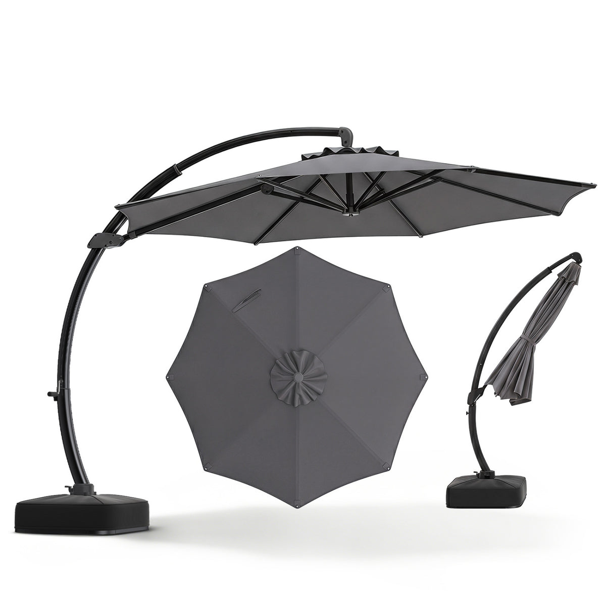 11 FT Cantilever Patio Umbrella with Base with 360° Rotation and Tilt Adjustment-Gray