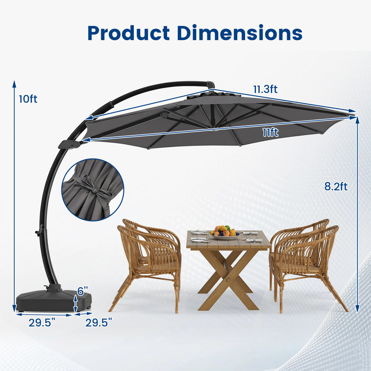 11 FT Cantilever Patio Umbrella with Base with 360° Rotation and Tilt Adjustment-Gray