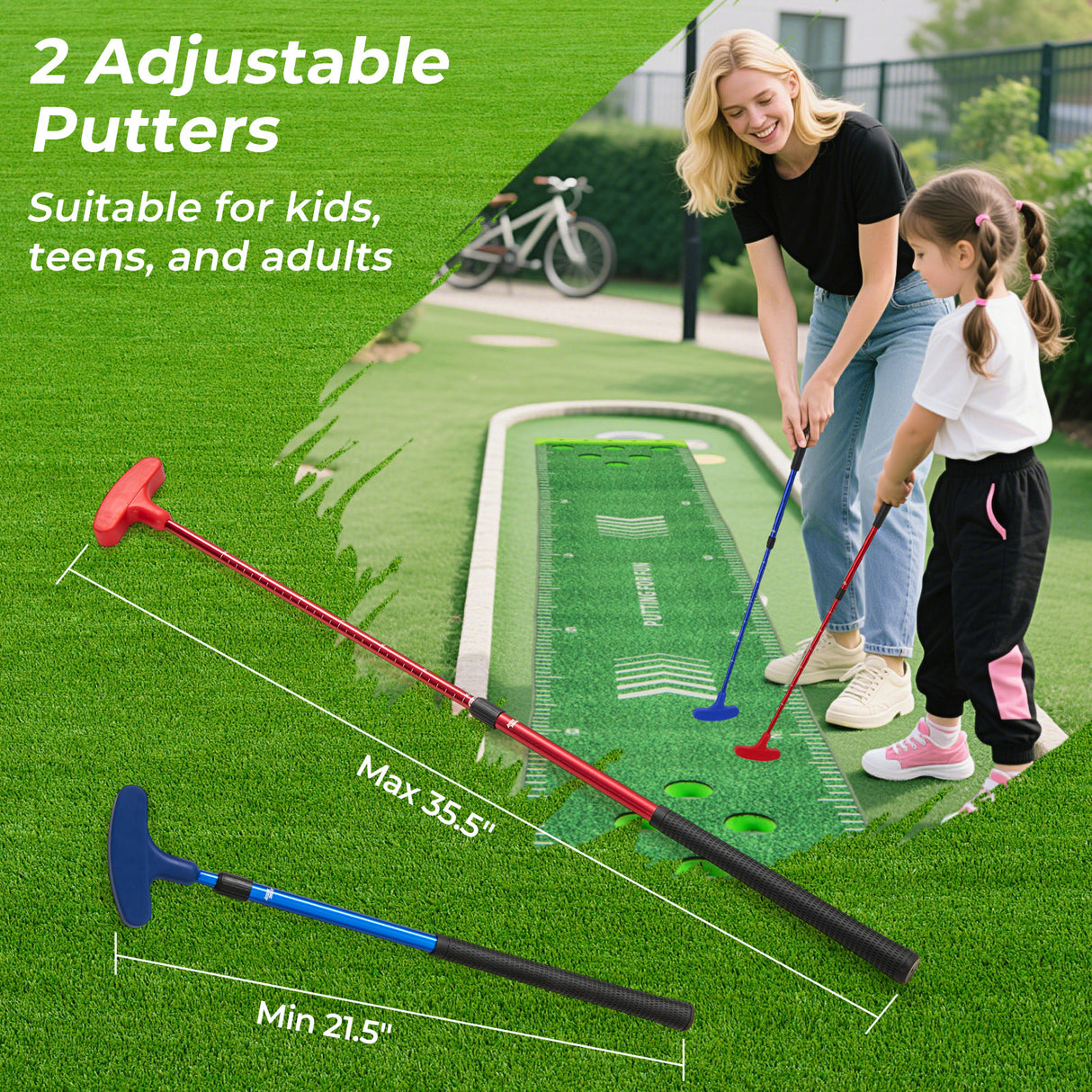 11 FT Putting Green Mat with 2 Adjustable Putters and 6 Balls