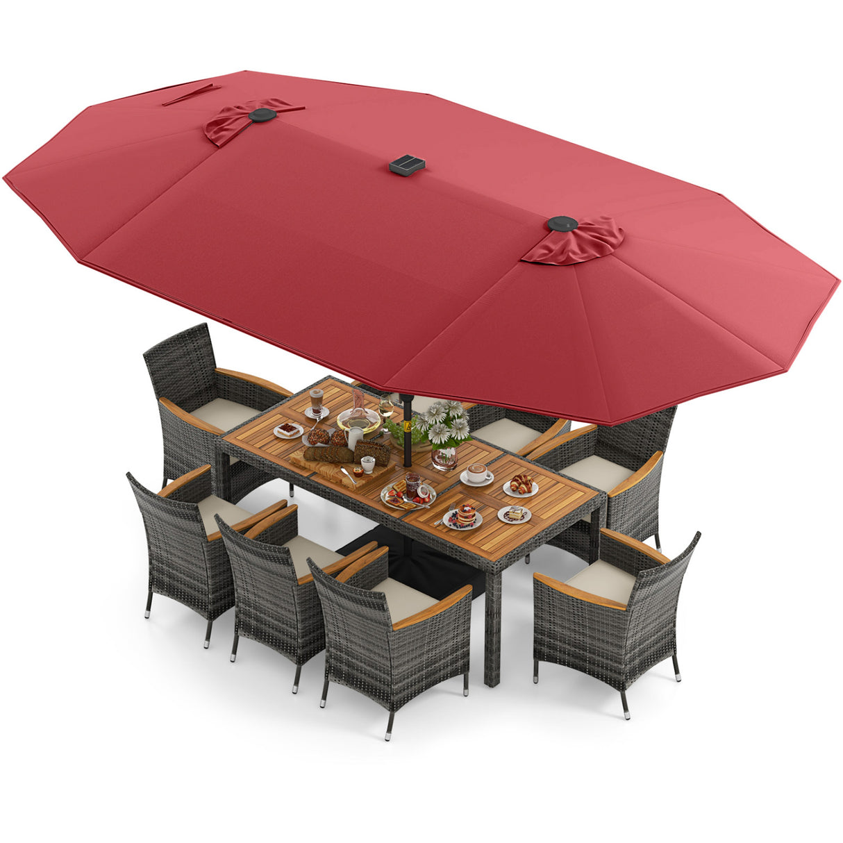 11 Pieces Patio Dining Set with 15 Feet Double-Sided Patio Umbrella Base Included-Wine