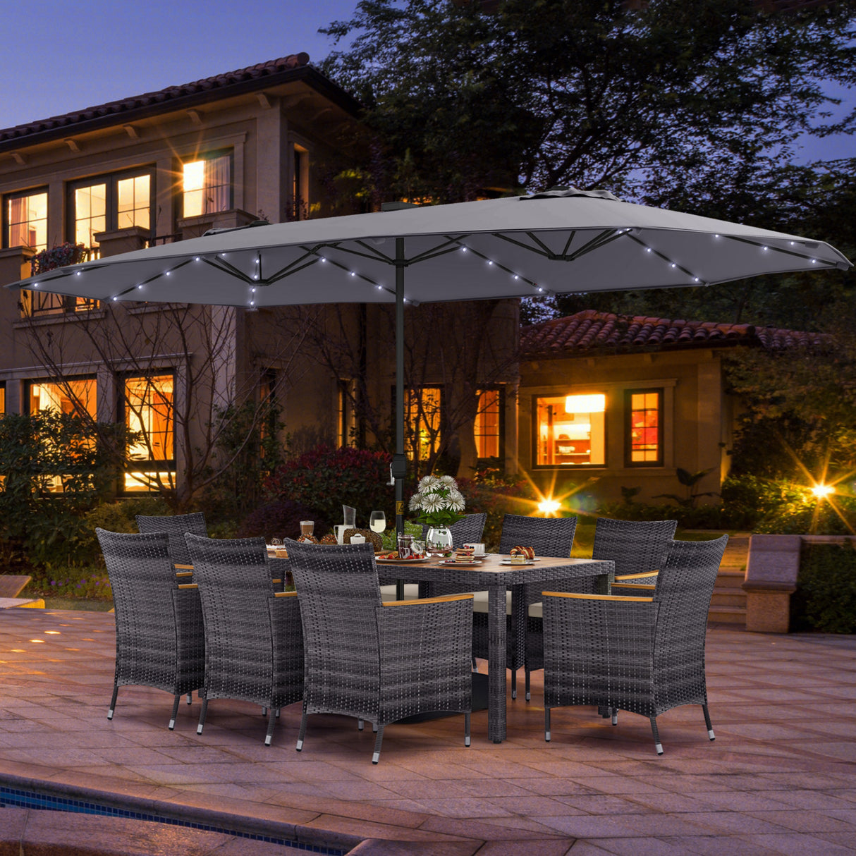 11 Pieces Patio Dining Set with 15 Feet Double-Sided Patio Umbrella Base Included-Gray
