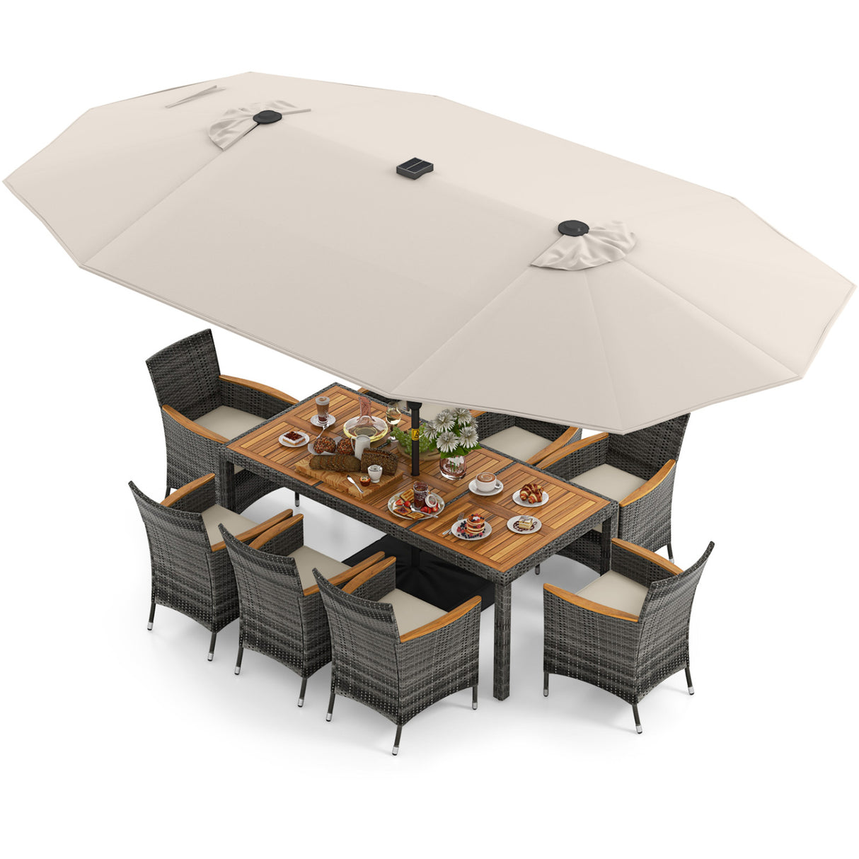 11 Pieces Patio Dining Set with 15 Feet Double-Sided Patio Umbrella Base Included-Beige