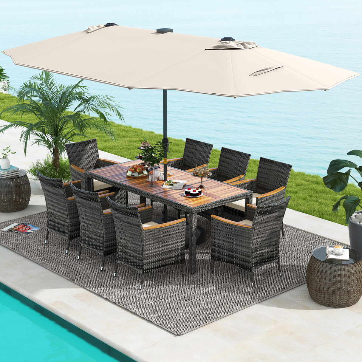 11 Pieces Patio Dining Set with 15 Feet Double-Sided Patio Umbrella Base Included-Beige