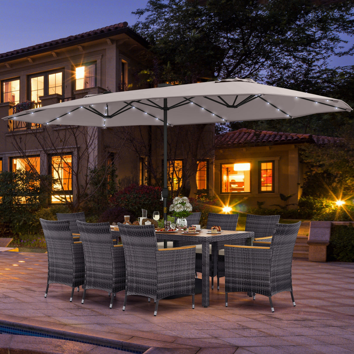 11 Pieces Patio Dining Set with 15 Feet Double-Sided Patio Umbrella Base Included-Beige