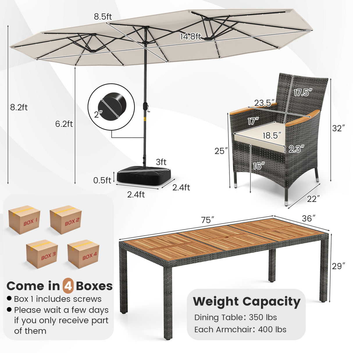 11 Pieces Patio Dining Set with 15 Feet Double-Sided Patio Umbrella Base Included-Beige