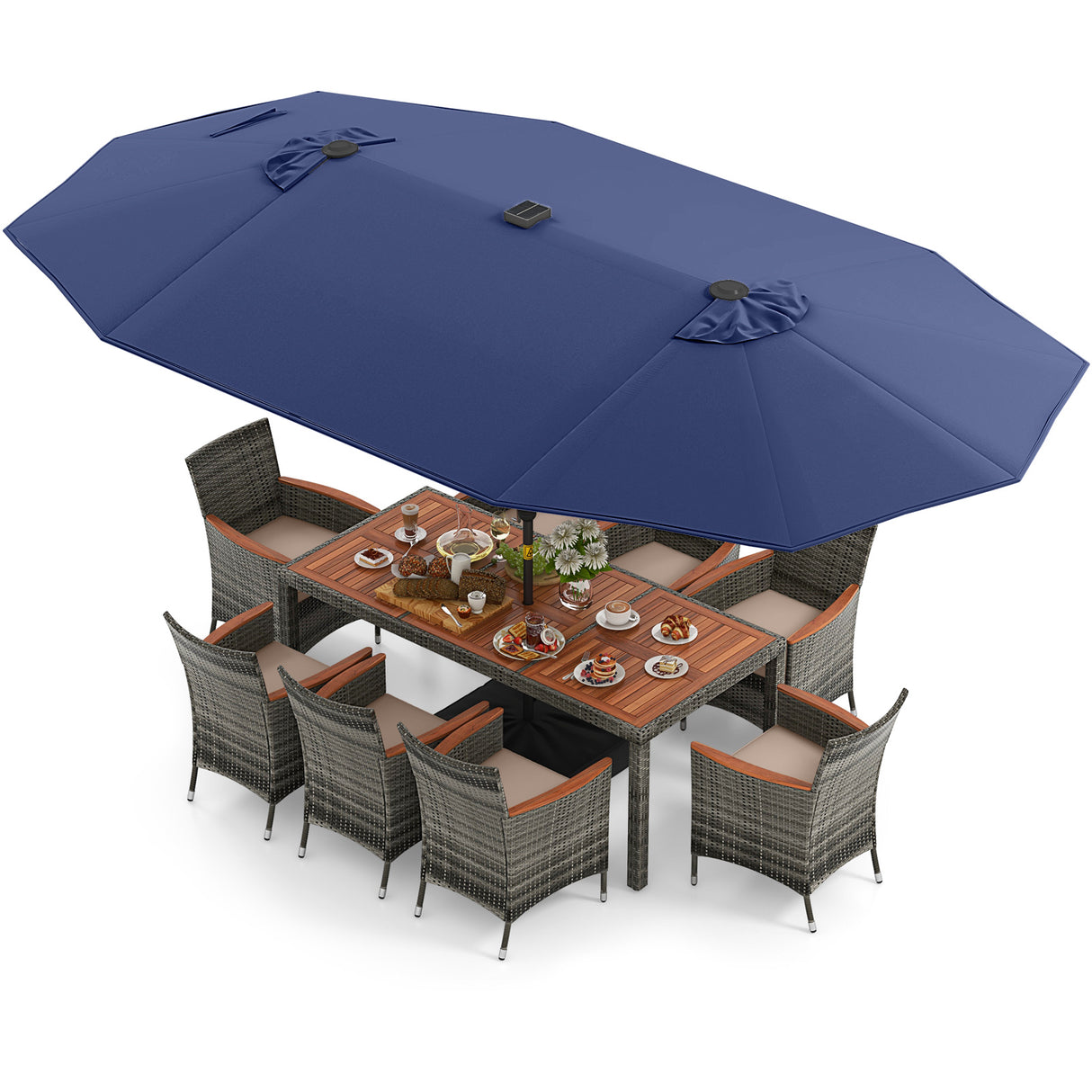 11 Pieces Patio Dining Set with 15 Feet Double-Sided Patio Umbrella Base Included-Navy