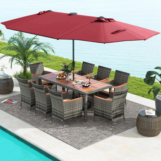 11 Pieces Patio Dining Set with 15 Feet Double-Sided Patio Umbrella Base Included-Wine