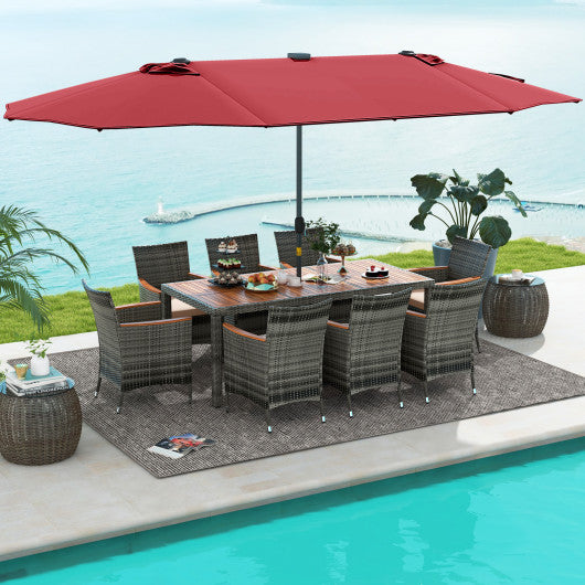 11 Pieces Patio Dining Set with 15 Feet Double-Sided Patio Umbrella Base Included-Wine