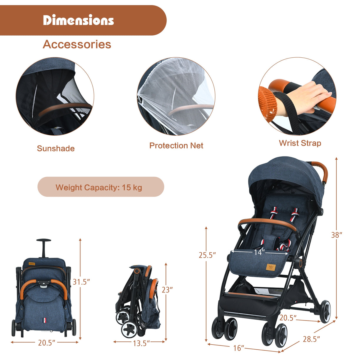 Lightweight Aluminium Frame Baby Stroller with Net-Beige
