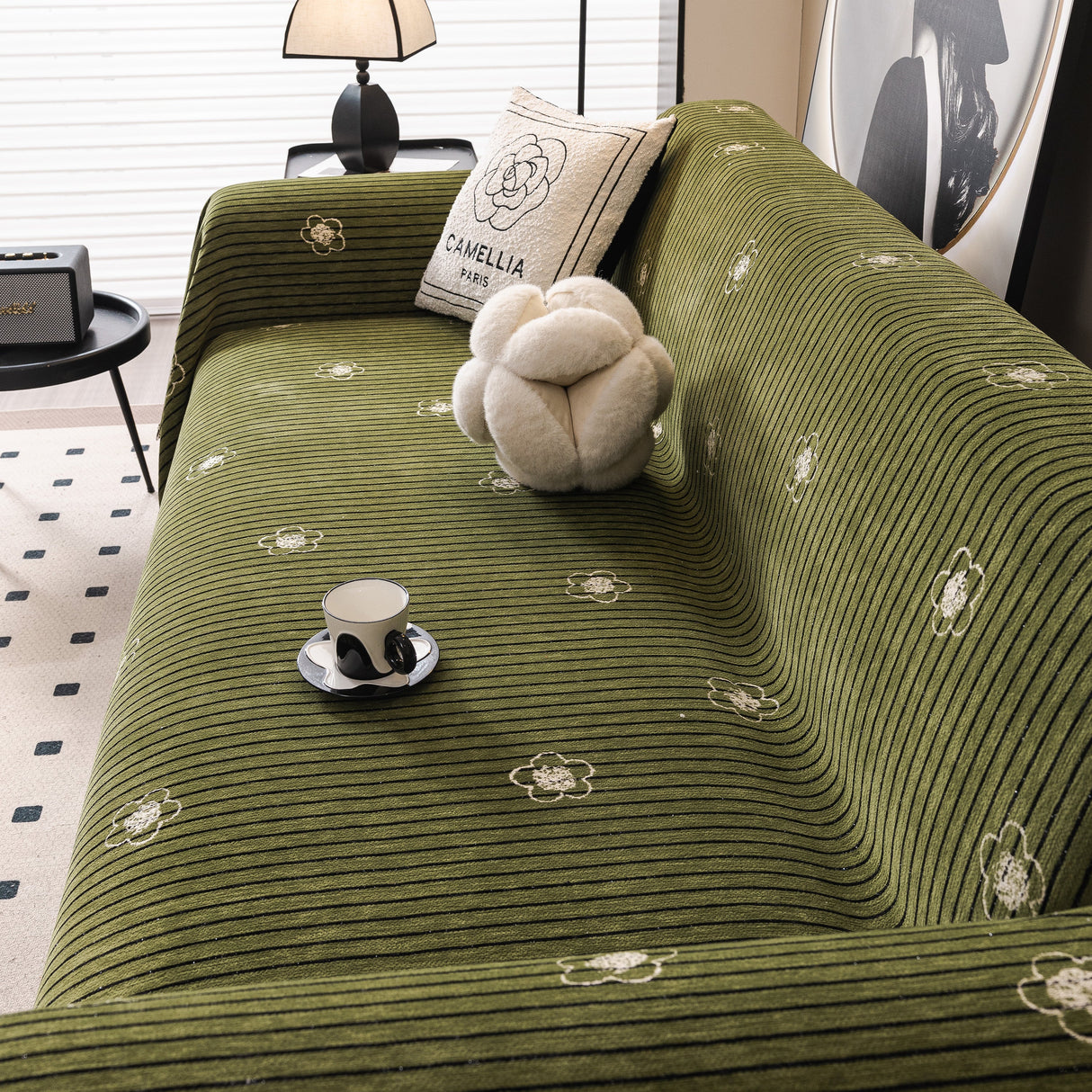 Chenille Camellia Floral Sofa Throw Cover Couch Blanket with Striped Jacquard