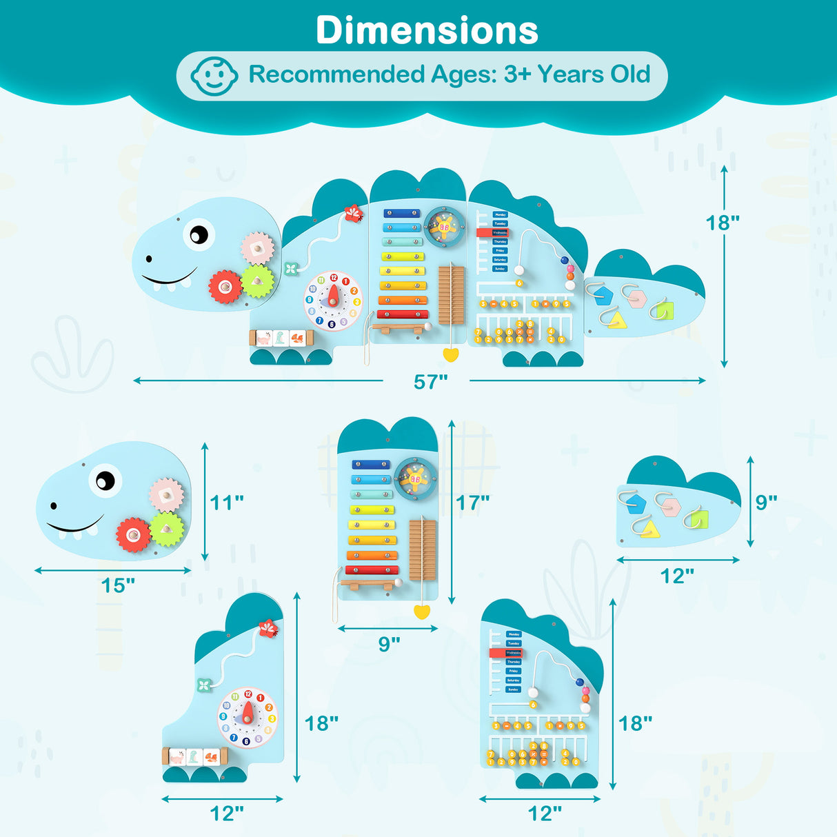 11-in-1 Dinosaur Activity Wall Busy Board Panels for Toddlers Education and Early Development-Blue