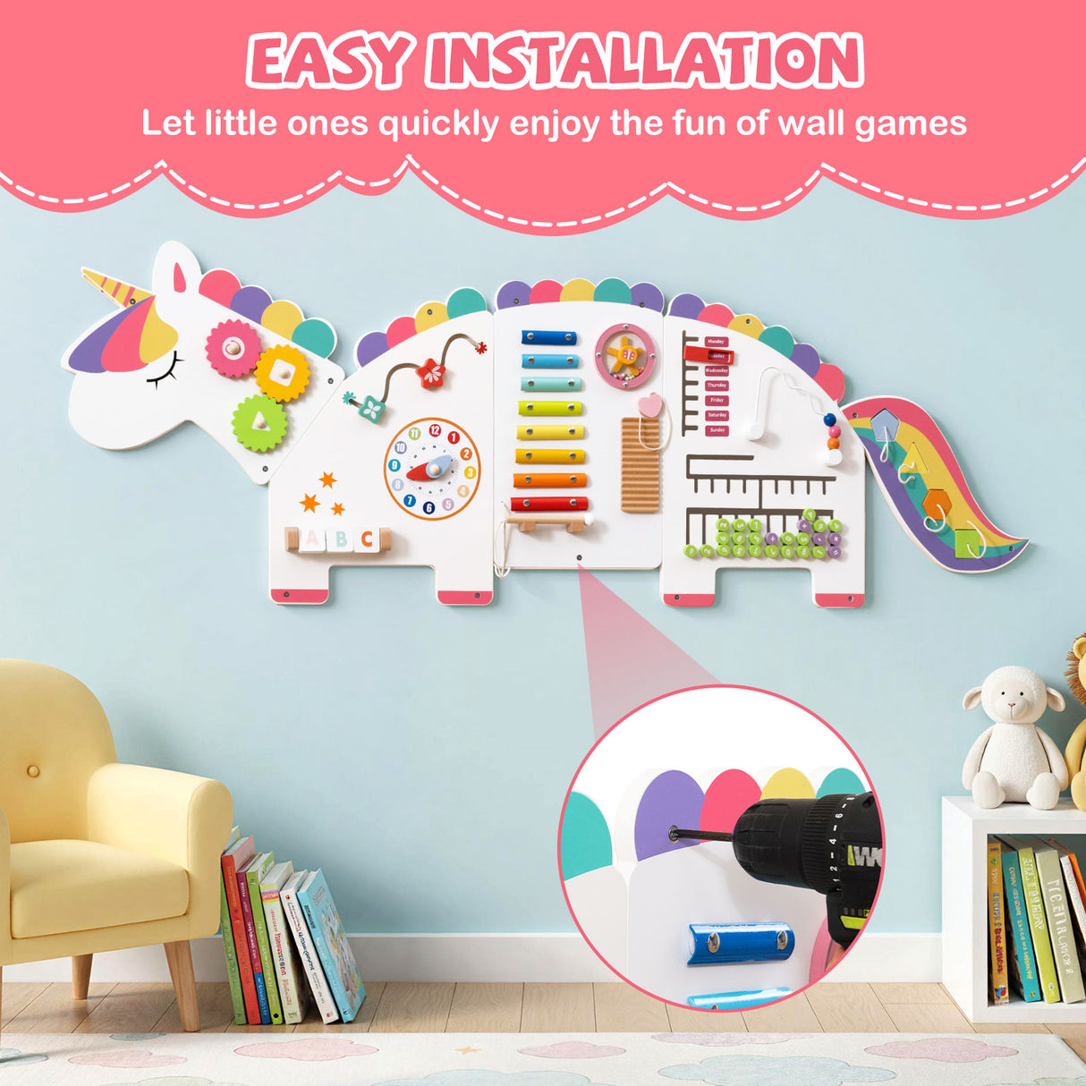 11-in-1 Dinosaur Activity Wall Busy Board Panels for Toddlers Education and Early Development-White