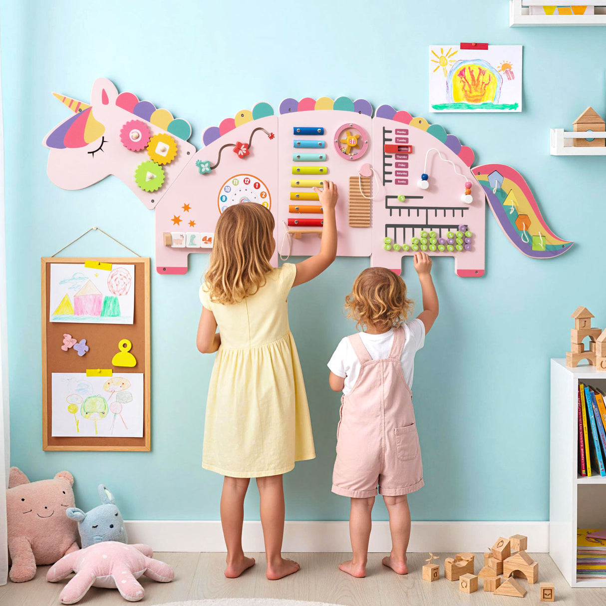 11-in-1 Dinosaur Activity Wall Busy Board Panels for Toddlers Education and Early Development-Pink