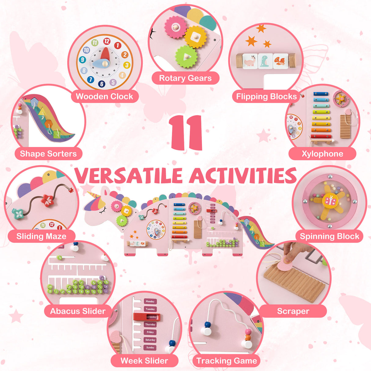 11-in-1 Dinosaur Activity Wall Busy Board Panels for Toddlers Education and Early Development-Pink