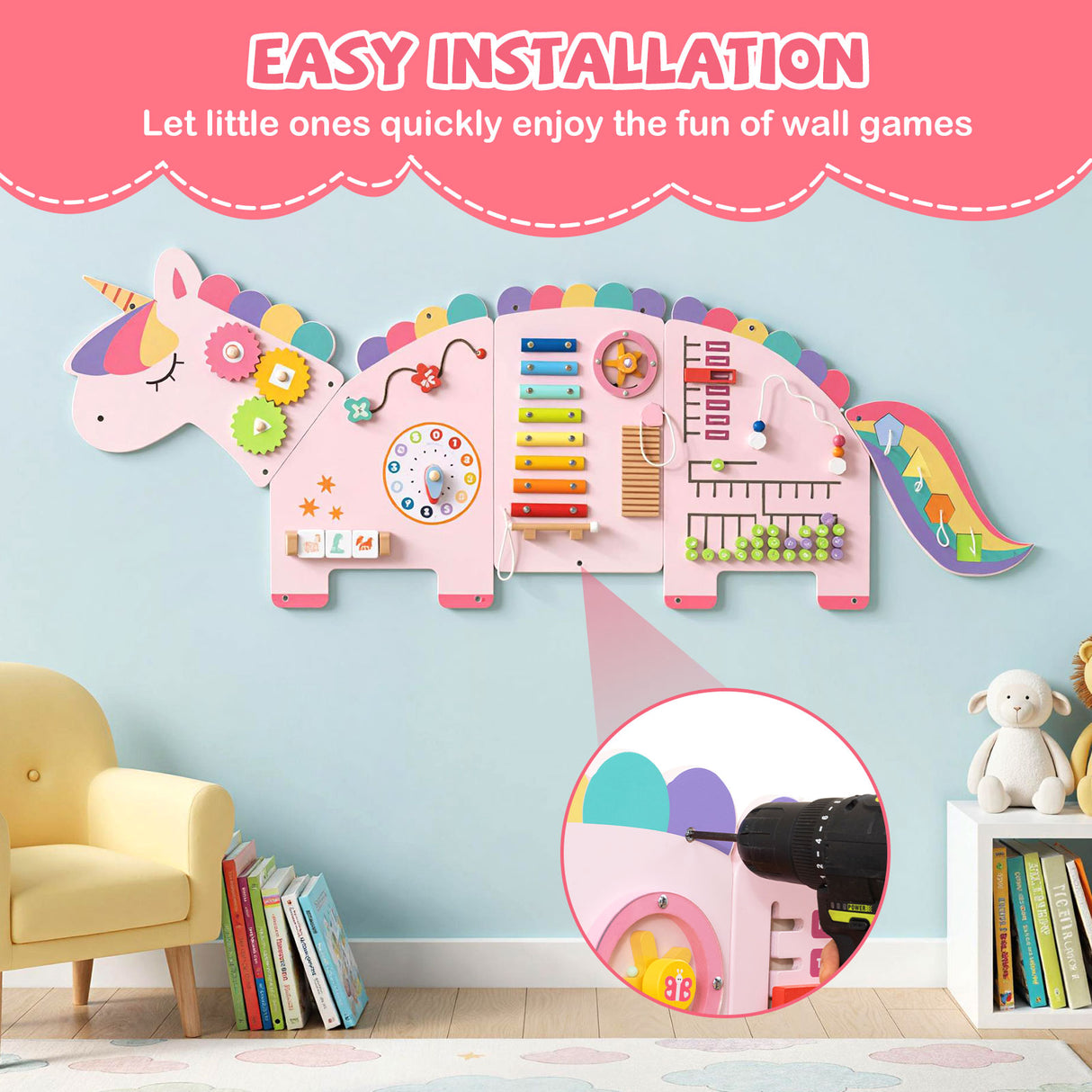 11-in-1 Dinosaur Activity Wall Busy Board Panels for Toddlers Education and Early Development-Pink