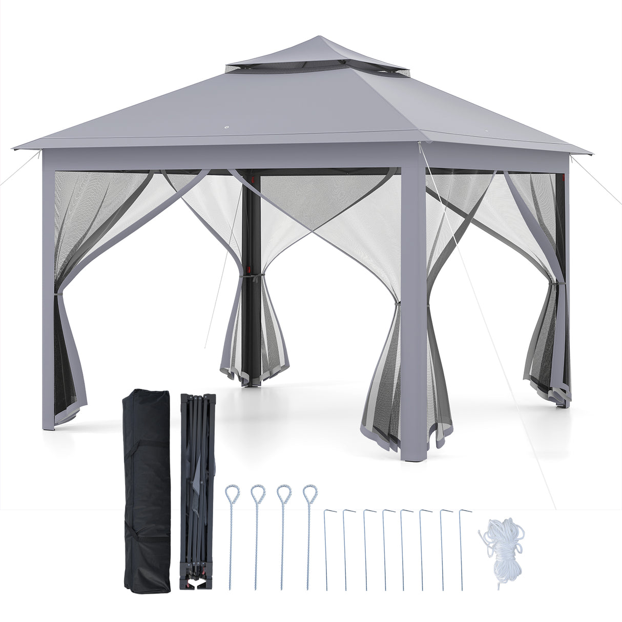 11 x 11 Feet 2-Tier Pop-Up Gazebo Tent Portable Canopy Shelter Carry Bag Mesh-Gray