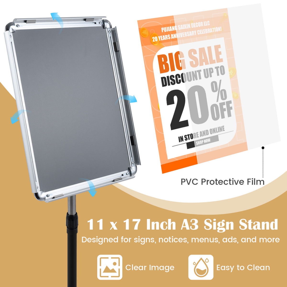 11 x 17 Inch Height Adjustable Sign Holder Stand with Snap-Open Frame-Silver