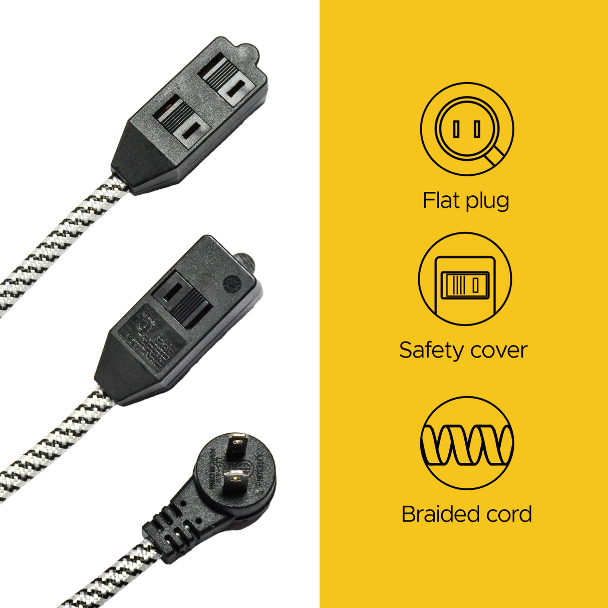 2-Pack 12ft Flat Extension Cord with Safety Covers, Braided Long Extension Cord with Flat Plug, 3-Outlet Power Strip, 16AWG, 1625W, ETL Listed