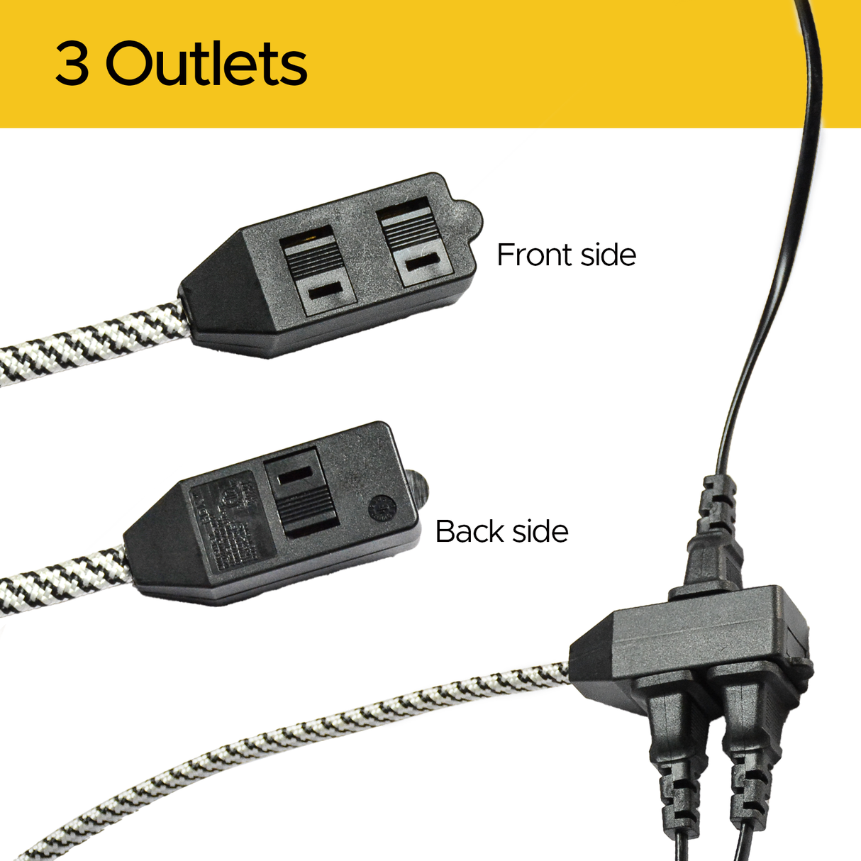 2-Pack 12ft Flat Extension Cord with Safety Covers, Braided Long Extension Cord with Flat Plug, 3-Outlet Power Strip, 16AWG, 1625W, ETL Listed