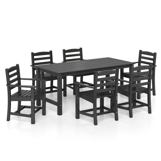 7 Pieces Outdoor Dining Table Set for 6 People 67” HDPE Patio Rectangle Table and 6 Armchairs-Black
