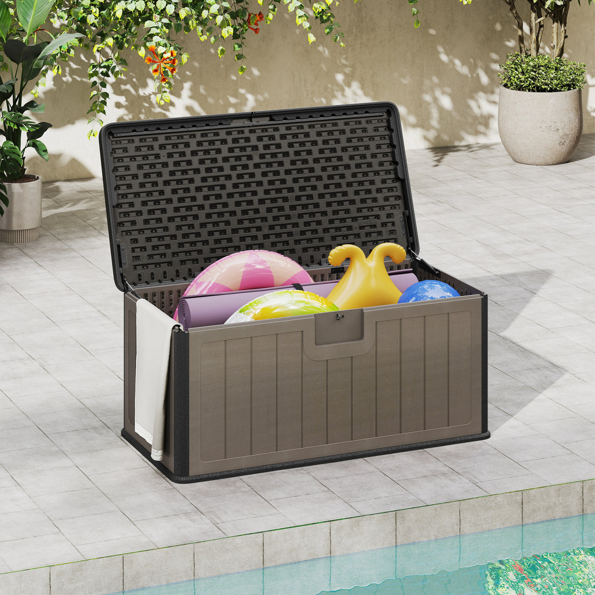 100 Gallon Large Deck Box with Lockable Lid for Patio-Black and Brown