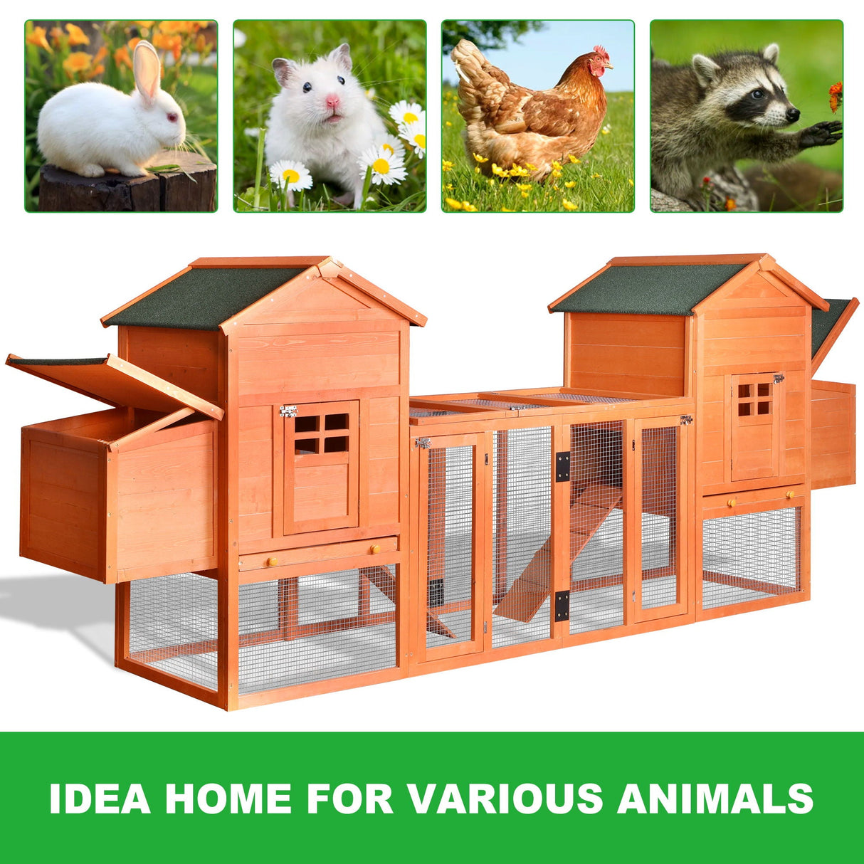 Outdoor Wooden Chicken Coop, 124" Large Hen Cage Rabbit House, Bunny Hutch With Ventilation Door, Removable Ramp Garden Backyard Pet House Chicken Nesting Box - Light Brown by Couch.com