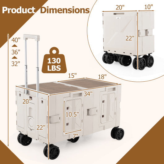 Large Foldable Utility Cart with 2-Tier Storage Crates and Telescoping Handle-White