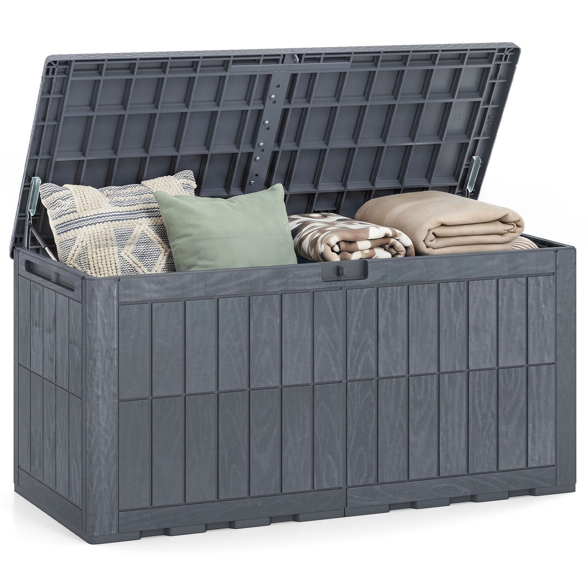 120 Gal Outdoor Deck Box with Lid and Handles for Garden Tools-Grey