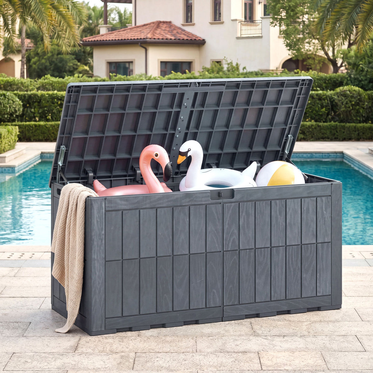 120 Gal Outdoor Deck Box with Lid and Handles for Garden Tools-Grey