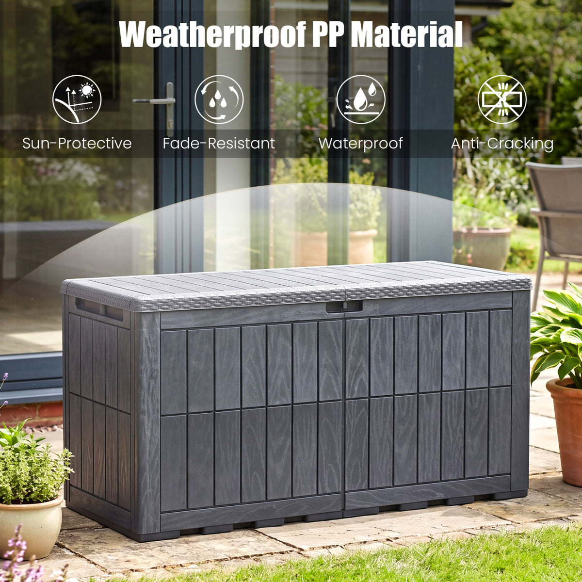 120 Gal Outdoor Deck Box with Lid and Handles for Garden Tools-Grey