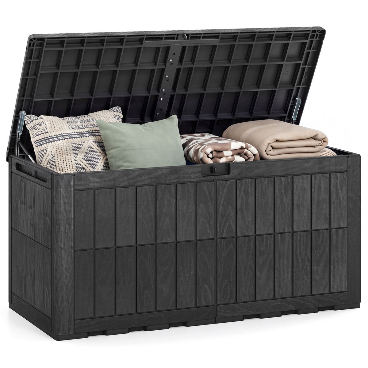 120 Gal Outdoor Deck Box with Lid and Handles for Garden Tools-Black