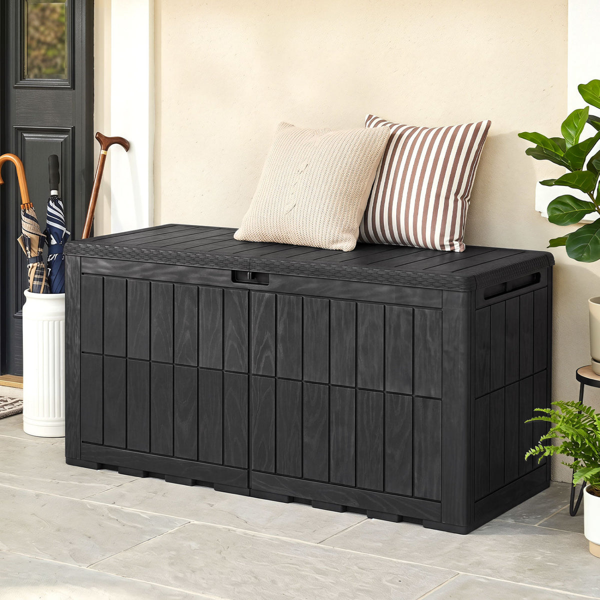 120 Gal Outdoor Deck Box with Lid and Handles for Garden Tools-Black