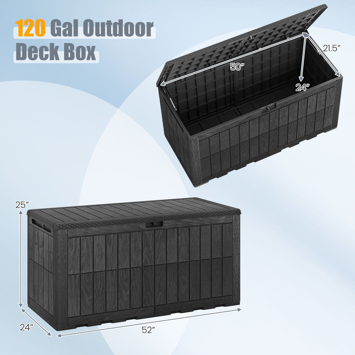 120 Gal Outdoor Deck Box with Lid and Handles for Garden Tools-Black