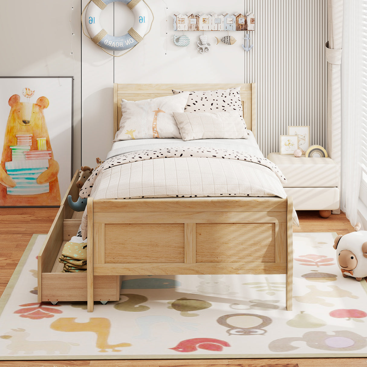 Twin Size Sleigh Bed with 2 Storage Drawers Wood Platform Bed Frame-Natural