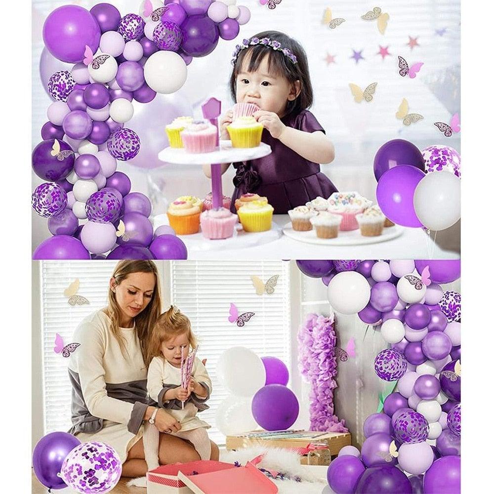 124 Pcs Garland Arch Kit White Purple Latex Metallic Balloons With Paper Butterfly For Women Birthday Baby Shower Wedding Party Decorations
