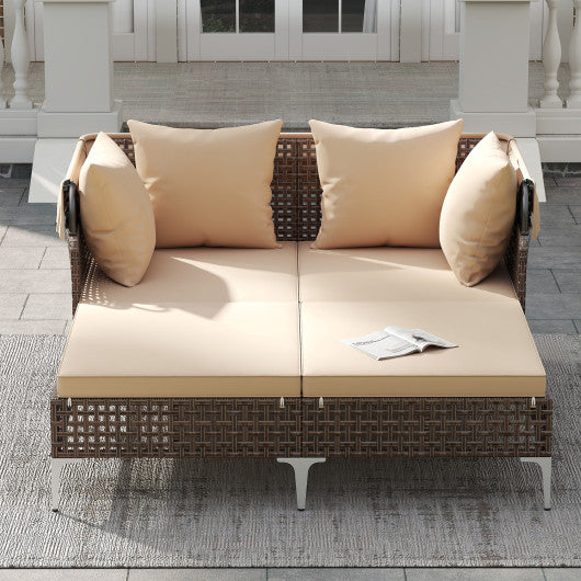 Outdoor Daybed with Retractable Canopy PE Wicker Rattan Patio Lounger-Brown