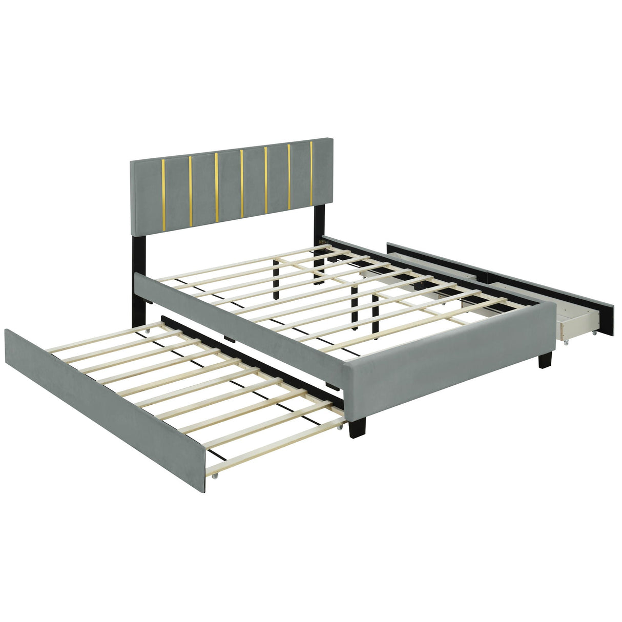 Upholstered Platform Bed With 2 Drawers And 1 Trundle, Classic Strip Headboard Design by Couch.com
