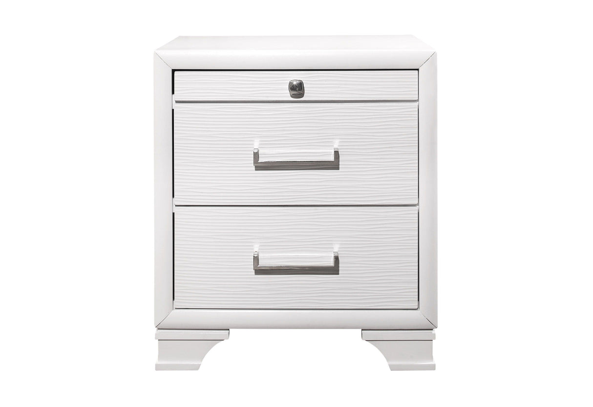 The Civic - Nightstand is a white, modern piece with two drawers featuring textured fronts and metallic handles. The top drawer has a centered lock, and it stands on short, curved legs for a clean aesthetic.