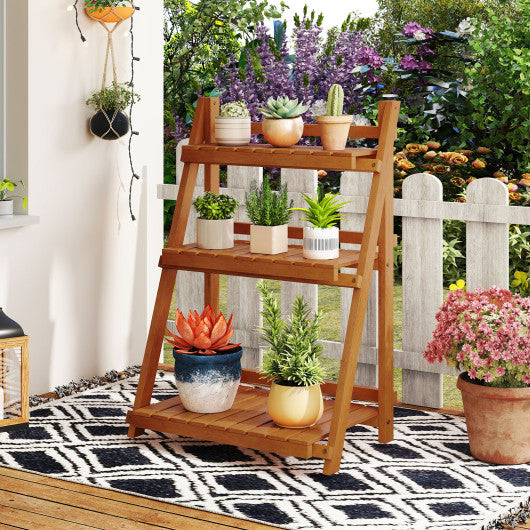 Foldable 3-Tier Solid Wood Plant Stand for Patio Balcony