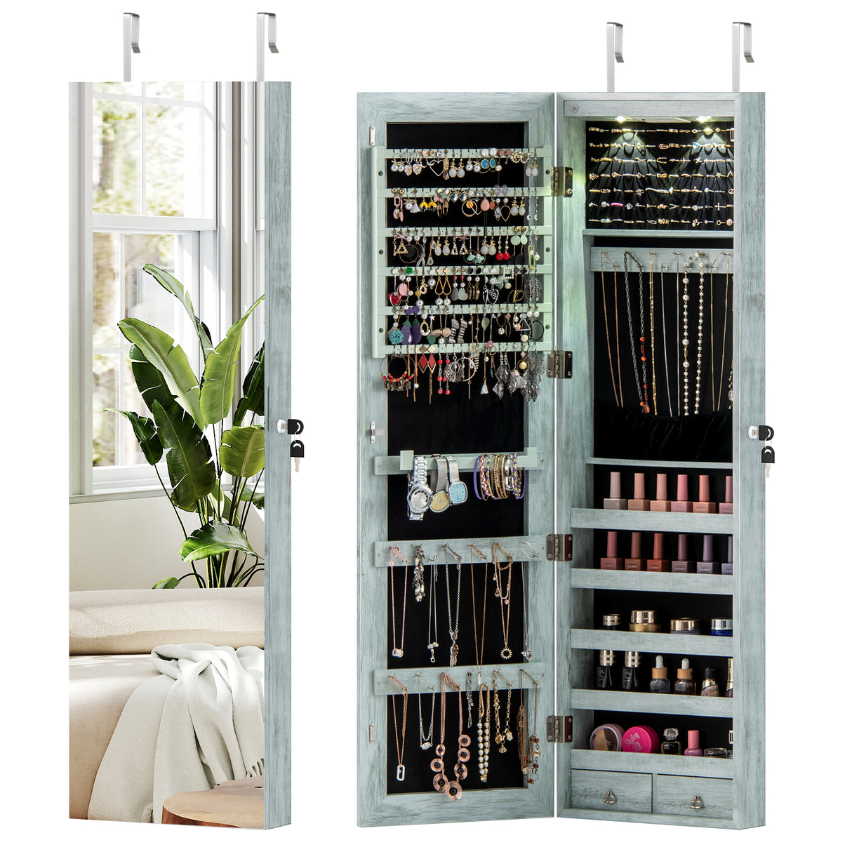 Wall and Door Mounted Mirrored Jewelry Cabinet with Lights-Navy