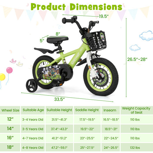 12 Inch Kids Bike Adjustable with Detachable Training Wheels for 3-4 Years Old-12 inches