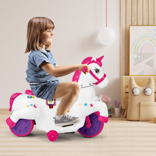 12V Unicorn Ride on Toy with Training Wheels and Horse Riding Mode-Rose Red