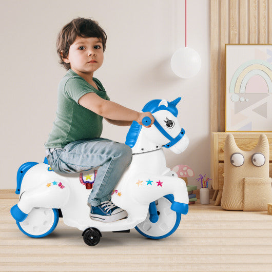 12V Unicorn Ride on Toy with Training Wheels and Horse Riding Mode-Navy