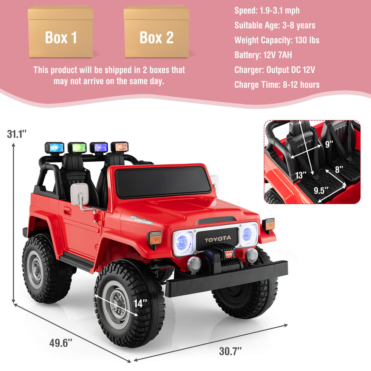 12V 2-Seat Licensed Kids Ride On Toyota FJ40 Car with 2.4G Remote Control-Black