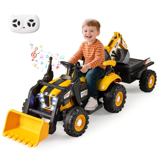 12V 4-in-1 Ride on Tractor Excavator Bulldozer for Kids with Remote Control-Yellow