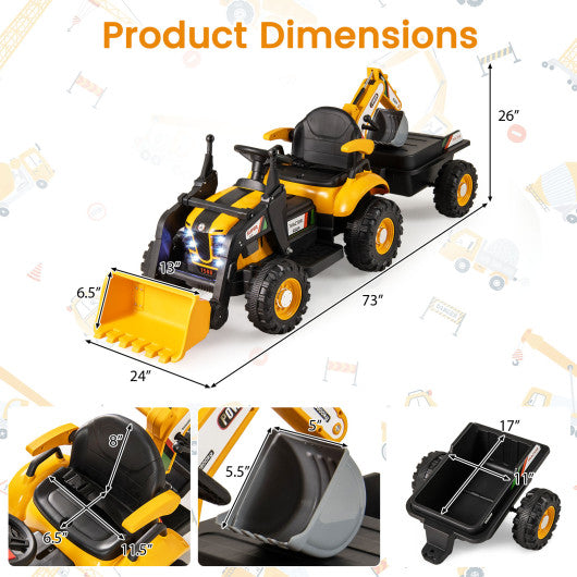 12V 4-in-1 Ride on Tractor Excavator Bulldozer for Kids with Remote Control-Yellow