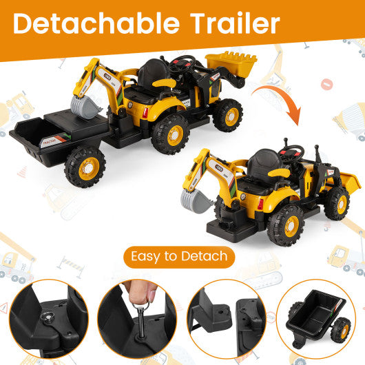 12V 4-in-1 Ride on Tractor Excavator Bulldozer for Kids with Remote Control-Yellow